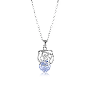 Silver necklace with hollow rose pendant and round blue zircon on white background