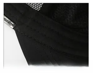 Detail view of thickened black sweatband and breathable mesh on a flat top sports hat