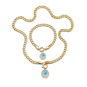 Gold evil eye necklace and bracelet set with chunky Cuban chain for women