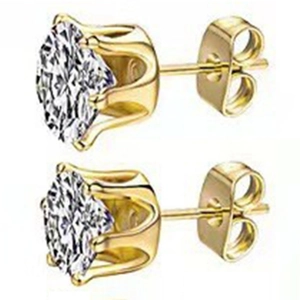 Pair of gold stainless steel stud earrings with round-cut clear cubic zirconia stones