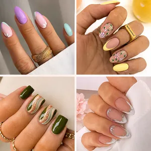 Retro Elegant Press On Nails Floral Heart Glitter Rhinestone Decor Artificial Fake Nail Tips For Women Manicure Art