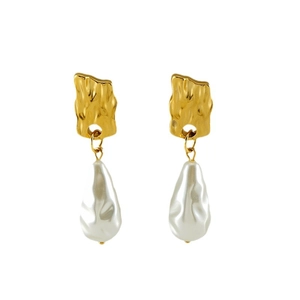 Irregular lava texture gold plated drop earrings with baroque pearls for elegant women