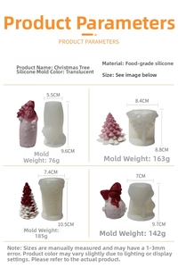 Size chart for Christmas tree and Santa silicone molds with dimensions and weight specs