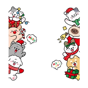 Christmas window decals with cute cartoon cats, dogs and reindeer in festive attire