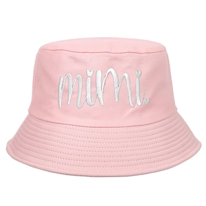 Fashionable pink bucket hat featuring a white mimi script embroidery design on front