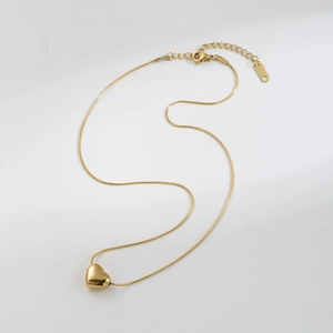 Polished gold stainless steel 3D heart pendant necklace with elegant snake chain