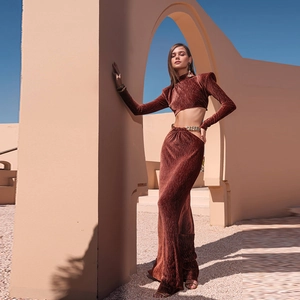 Women Long Sleeve Crop Top And High Waist Maxi Skirt Pleated Polyester Metal Chain Cutout Sexy Elegant Evening Wear