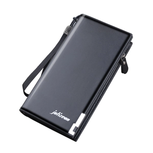 Men's large capacity long black PU leather clutch bag with zipper and wrist strap