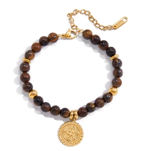 Bracelet en perles bicolore avec pierres œil de tigre et pendentif en relief floral doré