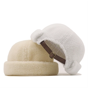 Minimalist wool fleece miki hats with adjustable leather back strap in white colors