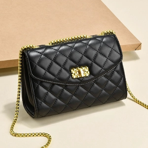 Classic black quilted chain shoulder bag with elegant gold lock and leather strap