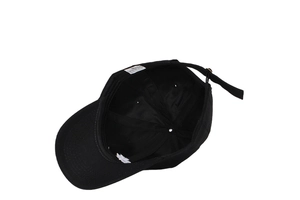 Detail view of the black baseball cap interior featuring six-panel stitching and metal buckle