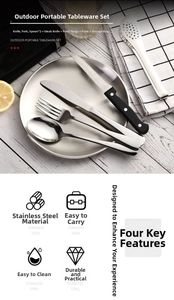 Complete outdoor stainless steel camping cutlery set including plates tongs and storage bag