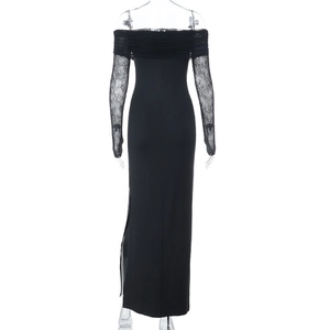 Detailed view of the off-shoulder black dress with sheer lace sleeves and mesh textures