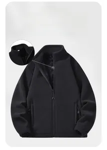 Detail of windproof stand-up collar on black fleece jacket with full front zipper