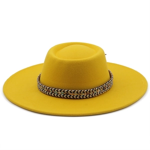 Retro bright yellow wool felt wide brim hat with ethnic woven band and flat top