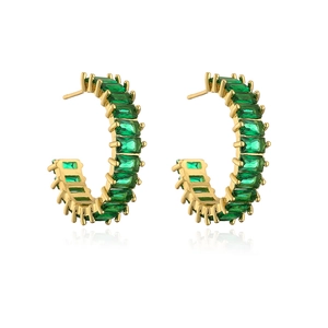 Close-up of C-shaped 18K gold plated earrings with green square-cut zircon stones
