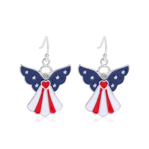 Independence Day angel earrings with US flag pattern and enamel finish on white background