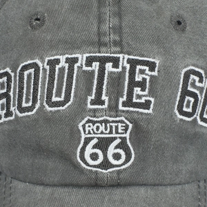 Gray washed denim Route 66 embroidered baseball cap for men featuring a retro vintage look