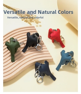 Detailed view of colorful leather elephant keychains with lychee pattern and silver rings