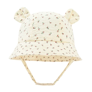 Detail of floral baby sun hat with cute 3D bunny ears and adjustable chin strap