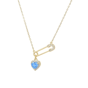 Gold plated safety pin necklace with blue heart pendant and sparkling zirconia accents