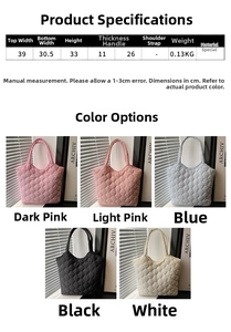 Detailed size chart and available colors for the large quilted down puffer tote bag