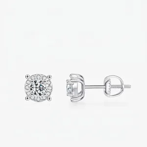 Moissanite Halo Stud Earrings 925 Sterling Silver Round Brilliant Cubic Zirconia Screw Back Elegant Jewelry For Women