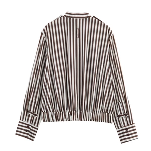 Women casual vertical striped long sleeve shirt with stand collar and adjustable cuffs