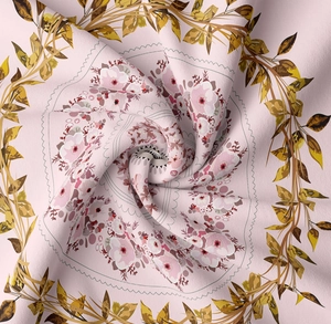 Close-up detail showing the soft texture and floral print of the pink tapestry fabric