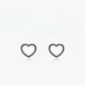 Hollow Heart Stud Earrings 925 Sterling Silver Vintage Black Dotted Edge Minimalist Jewelry For Women
