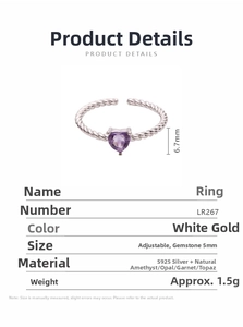 Detailed view of S925 sterling silver ring with 5mm heart-shaped purple gemstone inlay