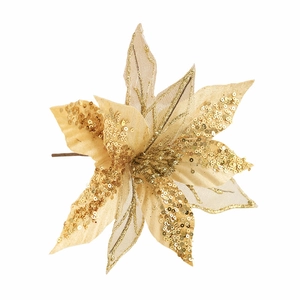 Sparkling gold sequined artificial poinsettia flower for Christmas tree and wreath decor