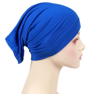 Detail view of royal blue modal hijab cap with high elastic knitted texture on a mannequin