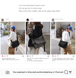 Canvas messenger bag styled on male and female models with adjustable shoulder straps