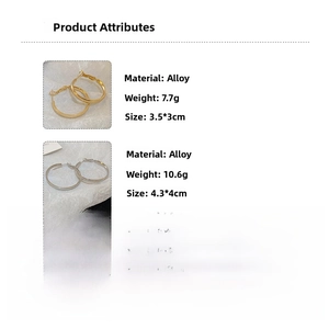 Detail showing alloy earrings specifications with weight and size dimensions in gold and silver