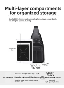 Black leather chest bag dimensions detail showing 16x30x8cm size and 0.24kg weight