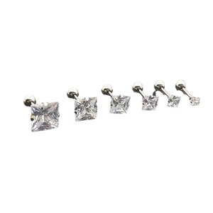6-pair set of stainless steel square cubic zirconia stud earrings with screw back balls