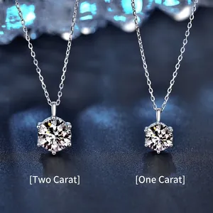 Comparison of 1ct and 2ct moissanite 925 sterling silver necklaces with six-prong setting