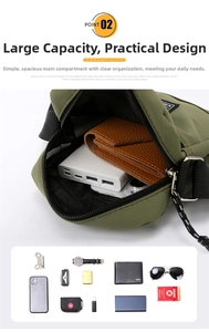 Internal storage detail of green nylon crossbody bag showing compartments for gadgets