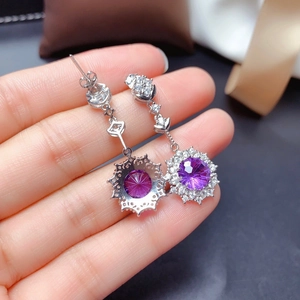 Elegant Amethyst long drop earrings with sparkling halo and silver platinum finish