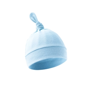 Detailed close-up of light blue ribbed knit newborn knotted hat on a white background