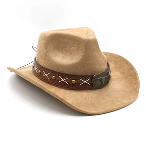 Faux suede western cowboy hat in light brown with decorative longhorn metal buckle