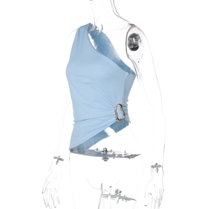 Detail of sky blue one-shoulder top featuring ruching and a metal ring buckle detail