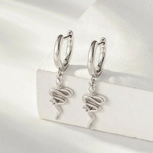 Snake Pendant Huggie Hoop Earrings Silver Color Copper With Cubic Zirconia Animal Dangle Style For Women Cool Jewelry