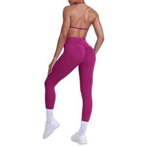 Set yoga viola scuro da donna con leggings a vita alta e reggiseno sportivo push-up