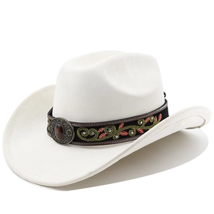 Macro shot of white felt cowboy hat with vintage metal buckle and floral embroidery