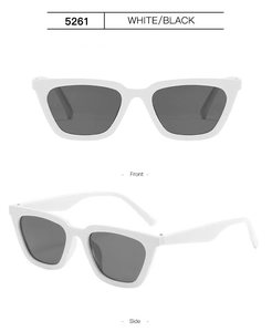 Front and side detail of white cat-eye sunglasses with black lenses, model 5261