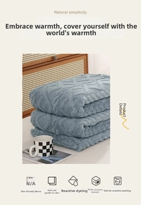 Detail of navy blue fleece blanket showing thick embossed geometric wave texture and soft fabric