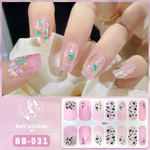 Detailed view of 5D pink gradient nail stickers with gold foil and glitter, style BB-031
